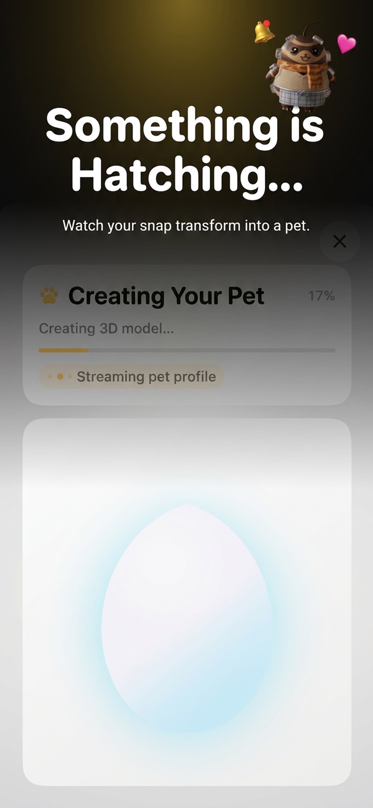 Something is hatching and pet creation progress screen